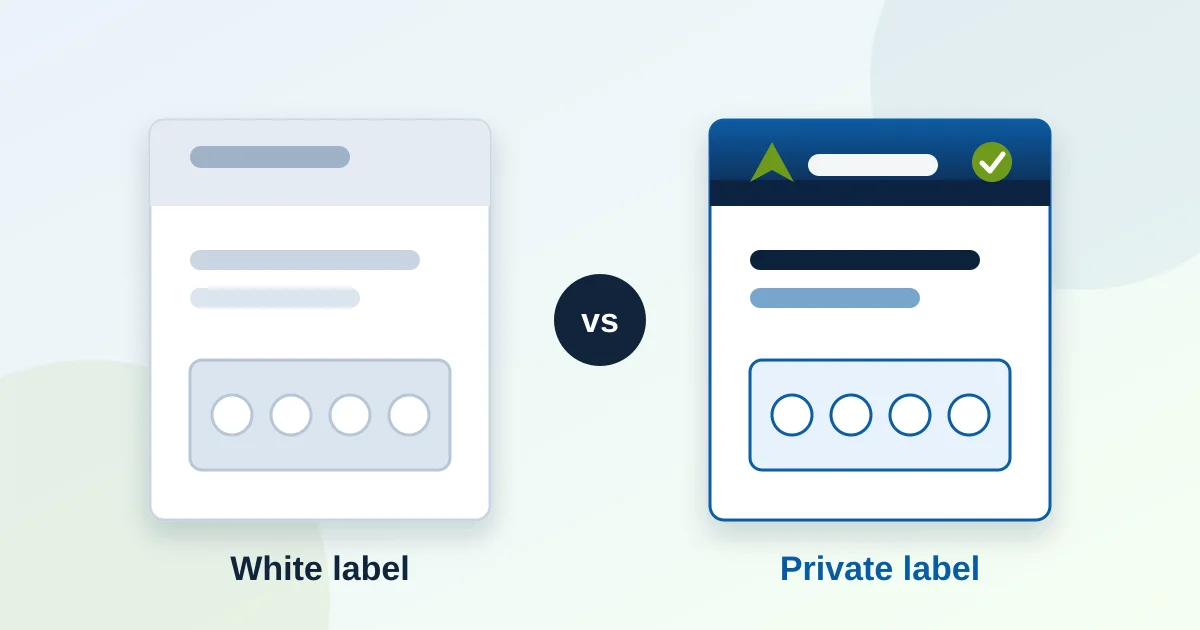 A plain white label medicine carton beside a branded private label carton with a navy header and a green check mark