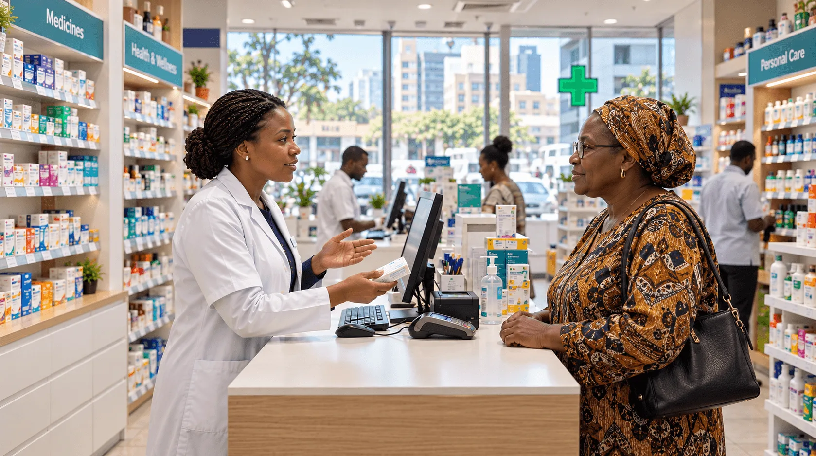 A pharmacist in a white coat hands a customer a medicine pack across the counter of a bright African pharmacy