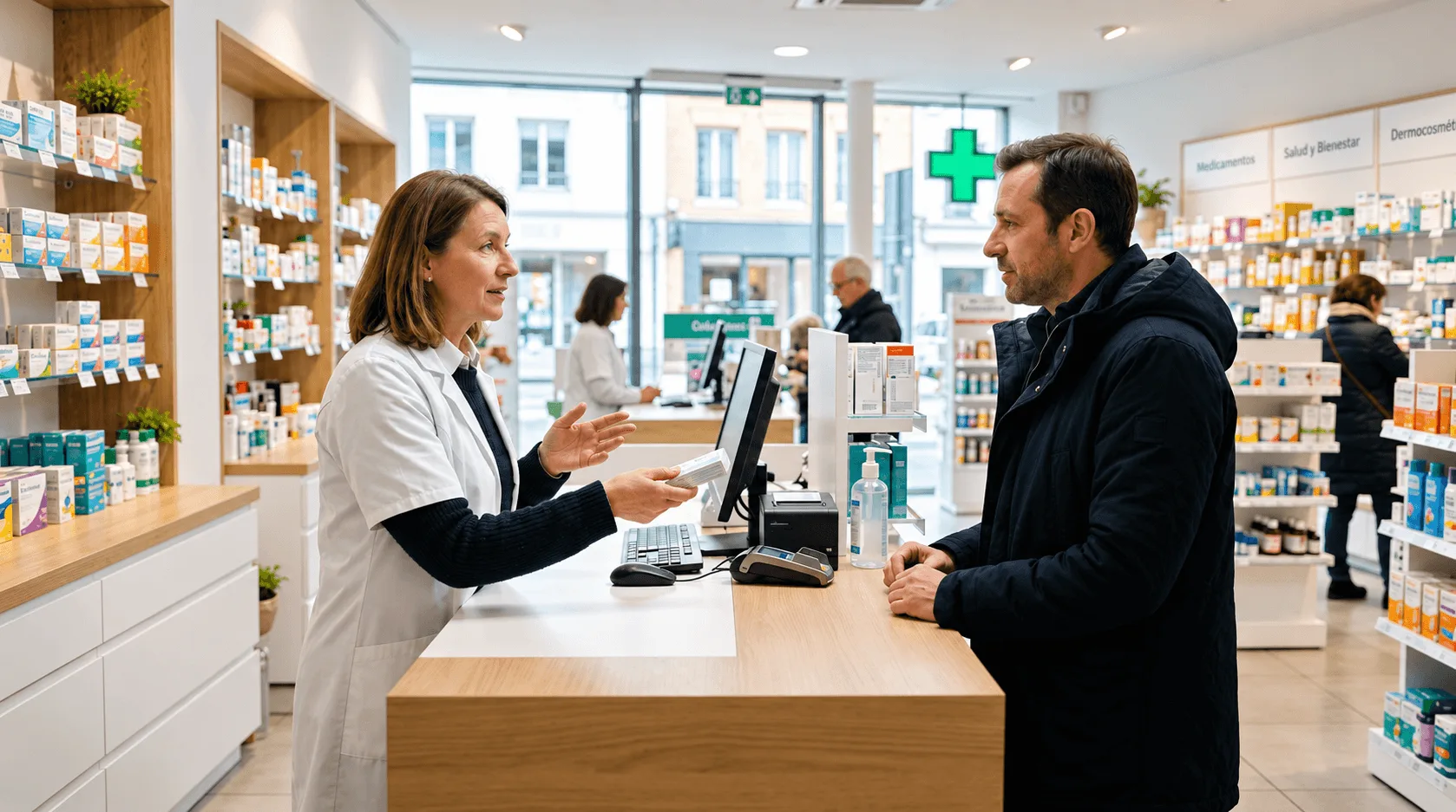 A pharmacist in a white coat explains a medicine pack to a customer at the counter of a bright European pharmacy