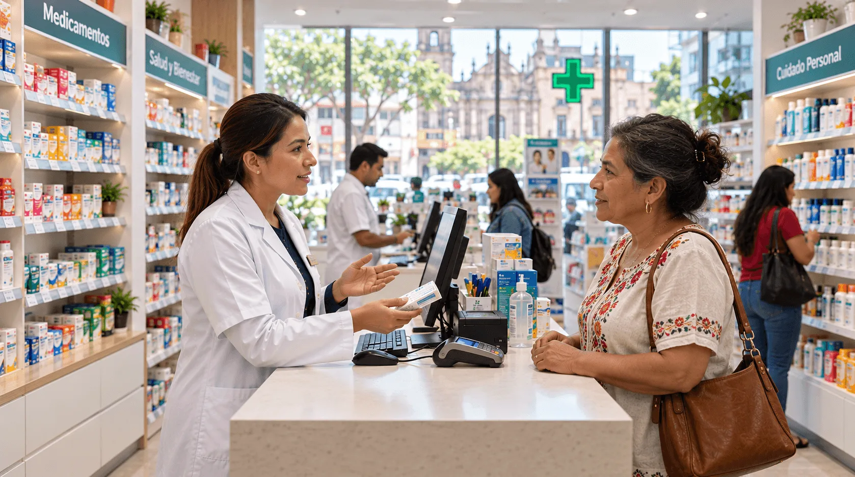A pharmacist in a white coat hands a customer a medicine pack at the counter of a bright pharmacy in Latin America