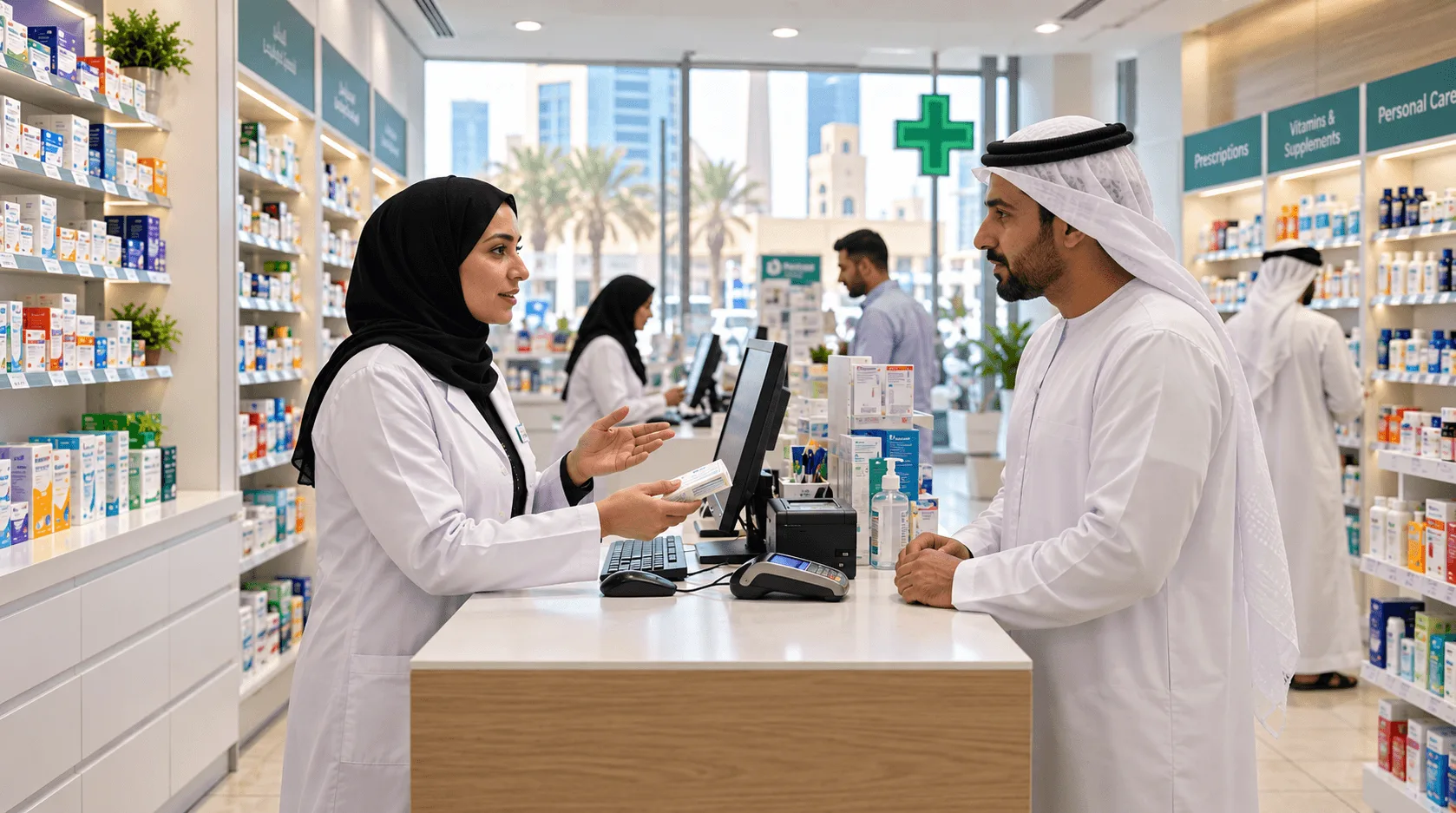 A pharmacist in a headscarf and white coat hands a customer a medicine pack at the counter of a bright pharmacy in the Gulf