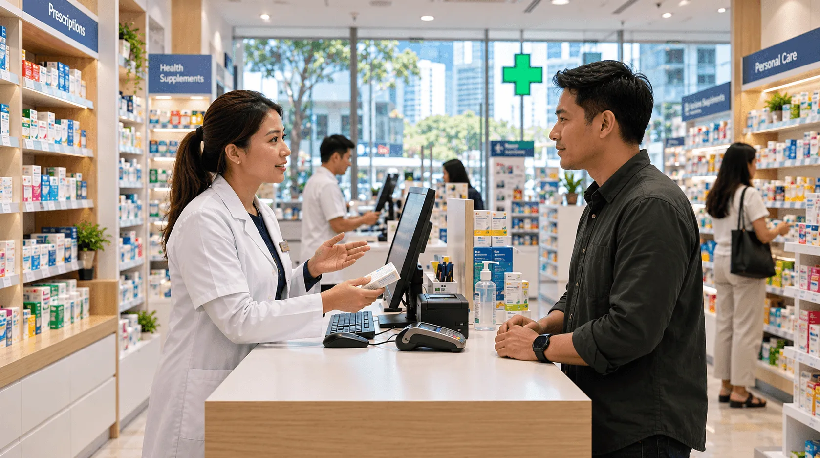 A pharmacist in a white coat explains a medicine pack to a customer at the counter of a bright pharmacy in Southeast Asia